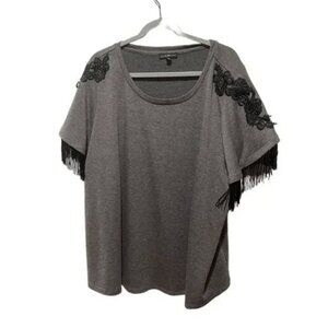 Lane Bryant Gray Fringe Sleeve Top W/ Black Floral Appliqué Womens Plus Size 26/